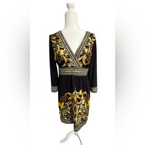 INC International Concepts Black Gold Studded V-Neck Long Sleeve Dress M Petite